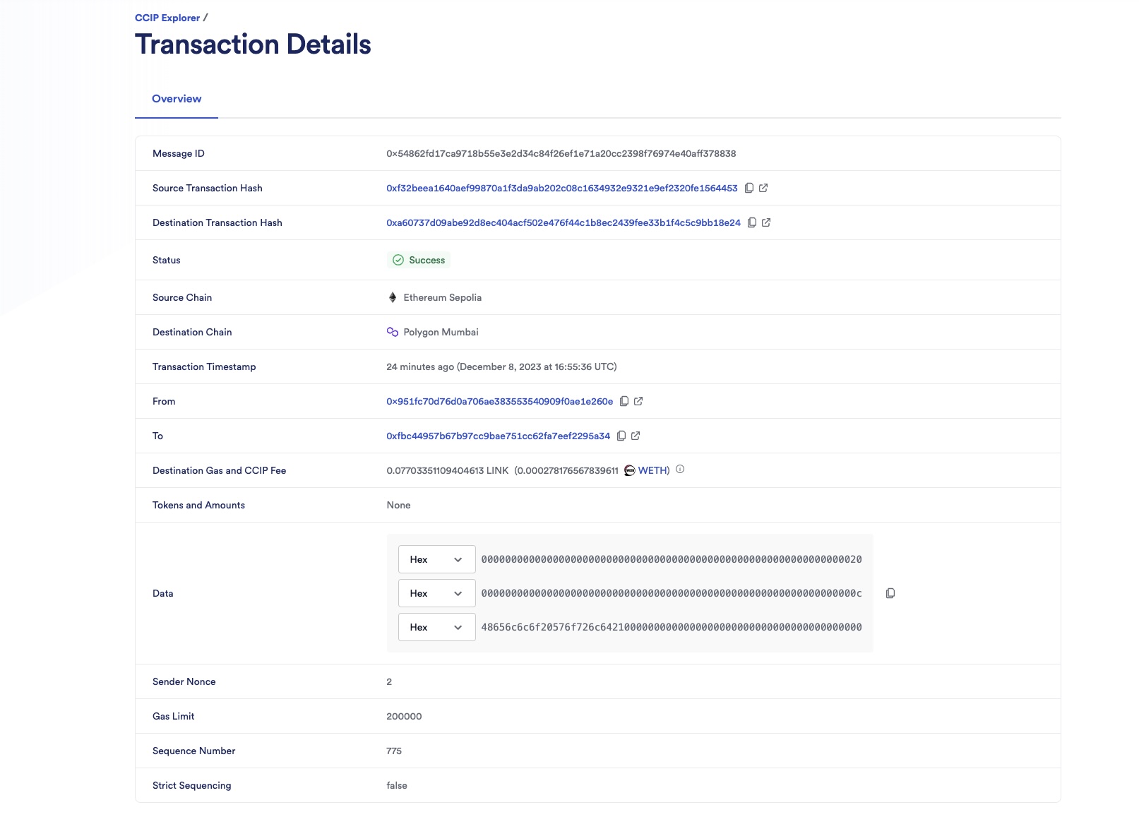 Chainlink CCIP Explorer transaction success